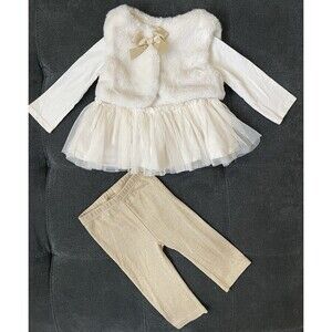 First Impressions Baby Girl 6/9M 3 Piece Cream Colored/Gold Faux Fur Vest Set